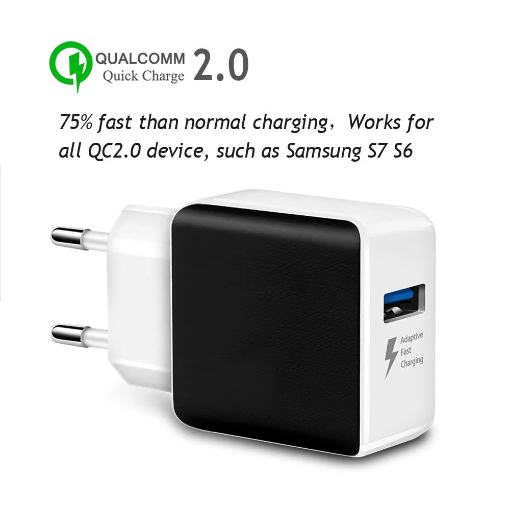 Black or white USB wall charger with EU plug, 18W Quick Charge 3.0, 2400 mA output