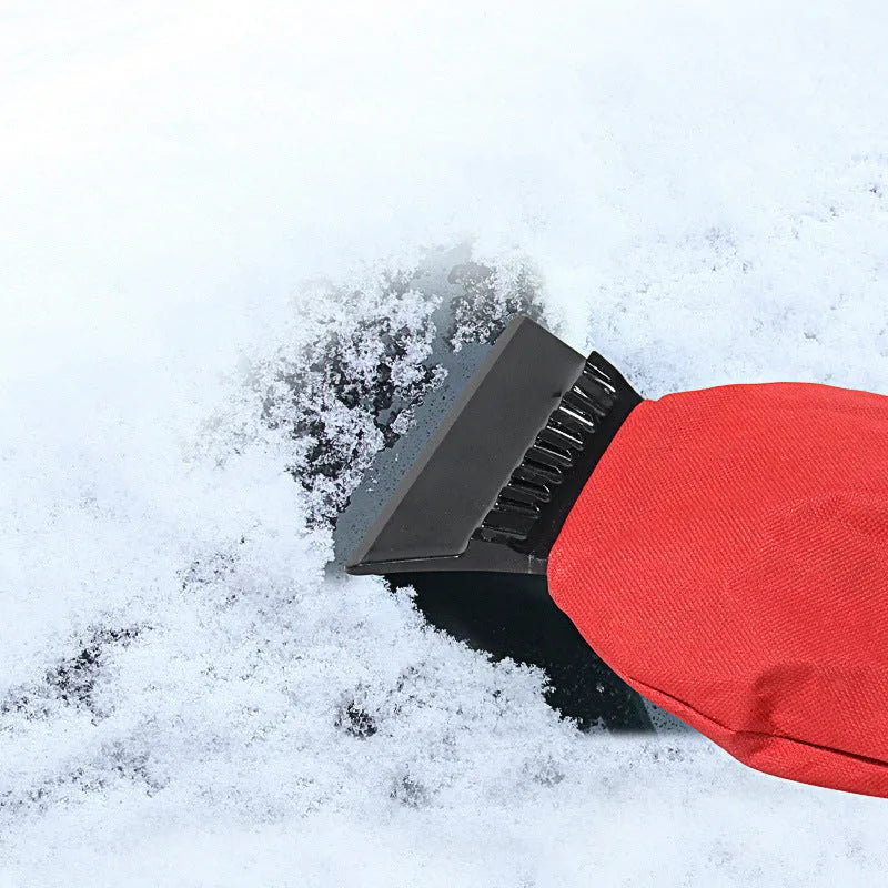 Red and blue car snow plough shovel with ice scraper edge and wide blade