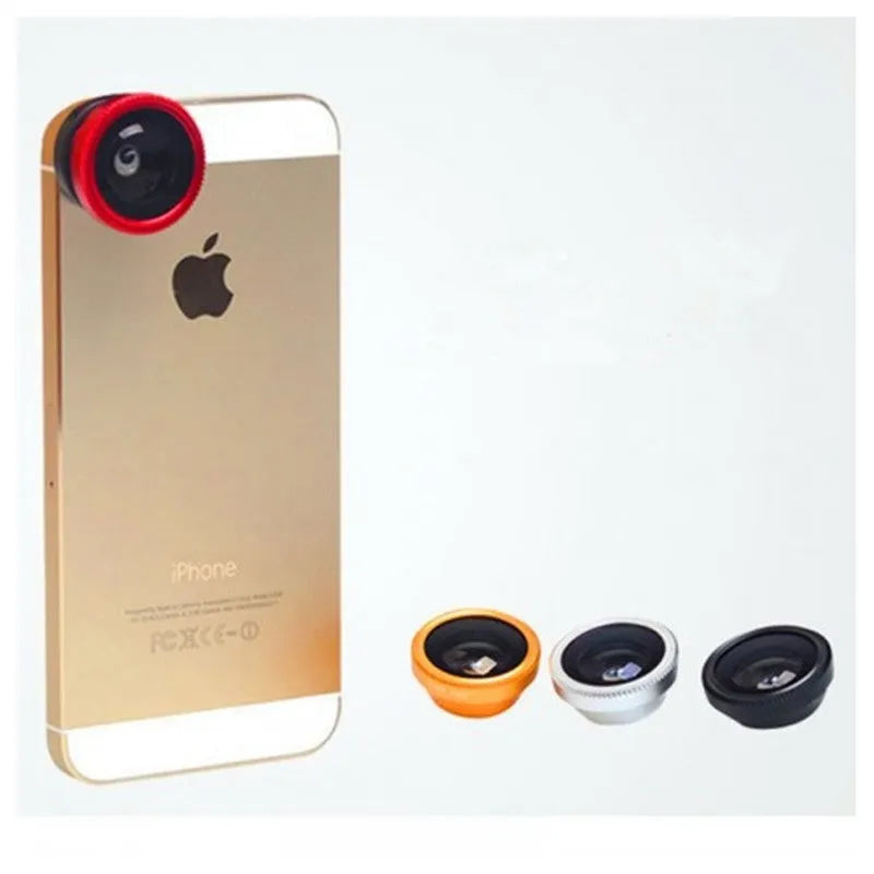 3-in-1 smartphone camera lens kit with fisheye, wide angle, and macro lenses in aluminium alloy housing