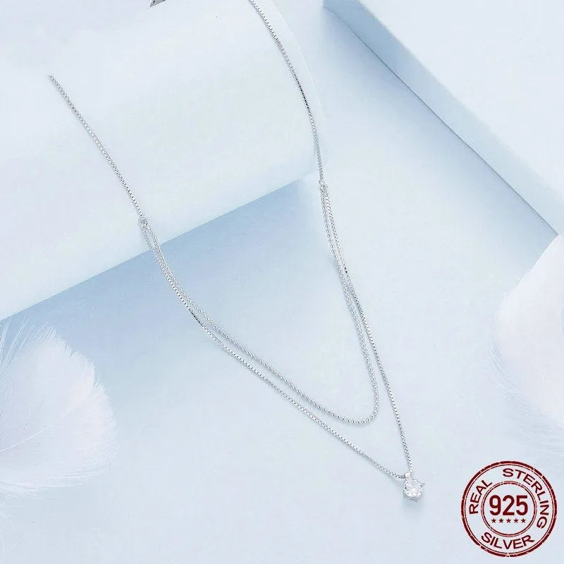 Women's silver double-layer necklace with S925 sterling silver pendant and pearl chain style
