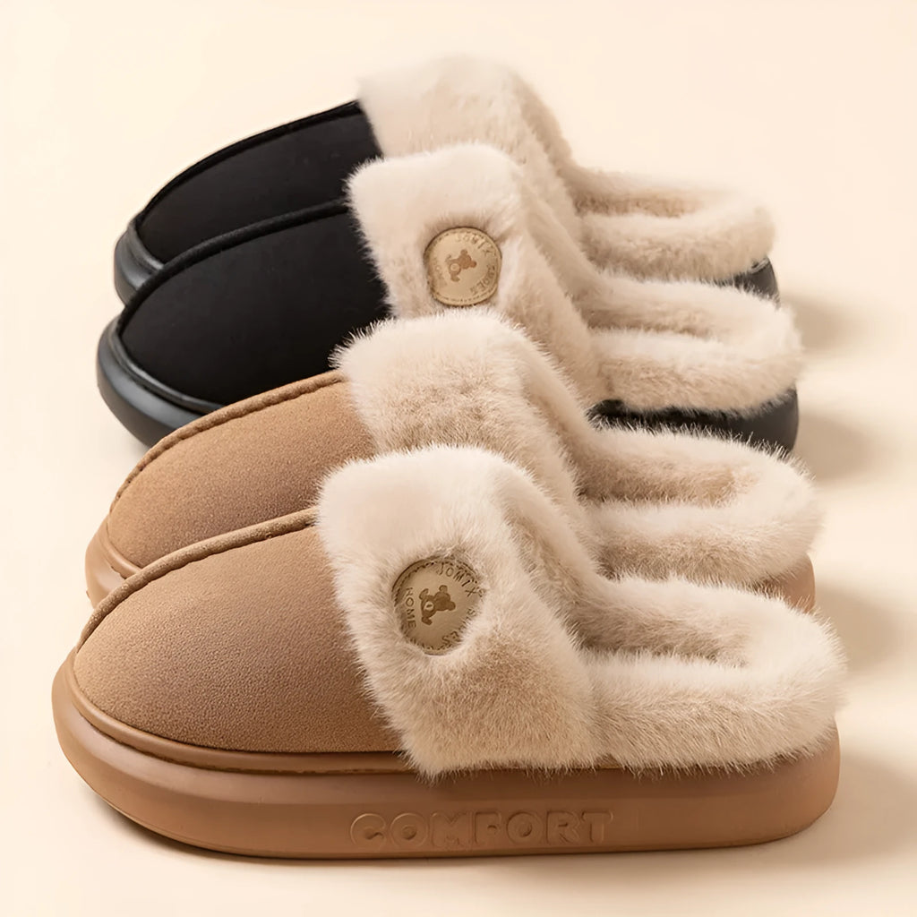 Plush fleece slippers with thick PVC sole in five colour options on a white background.