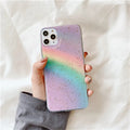 Rainbow gradient striped TPU protective case for iPhone models on a white background.