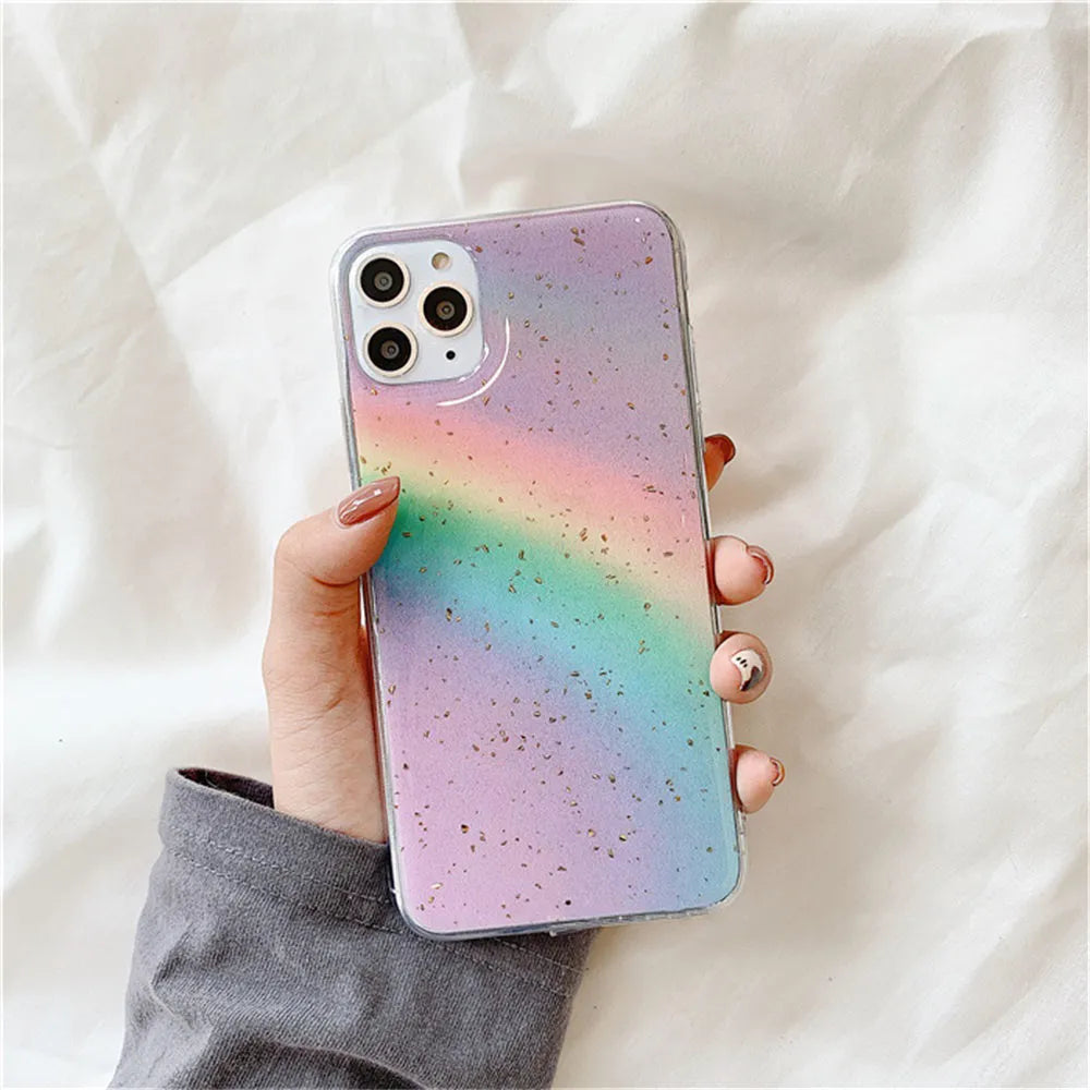 Rainbow gradient striped TPU protective case for iPhone models on a white background.