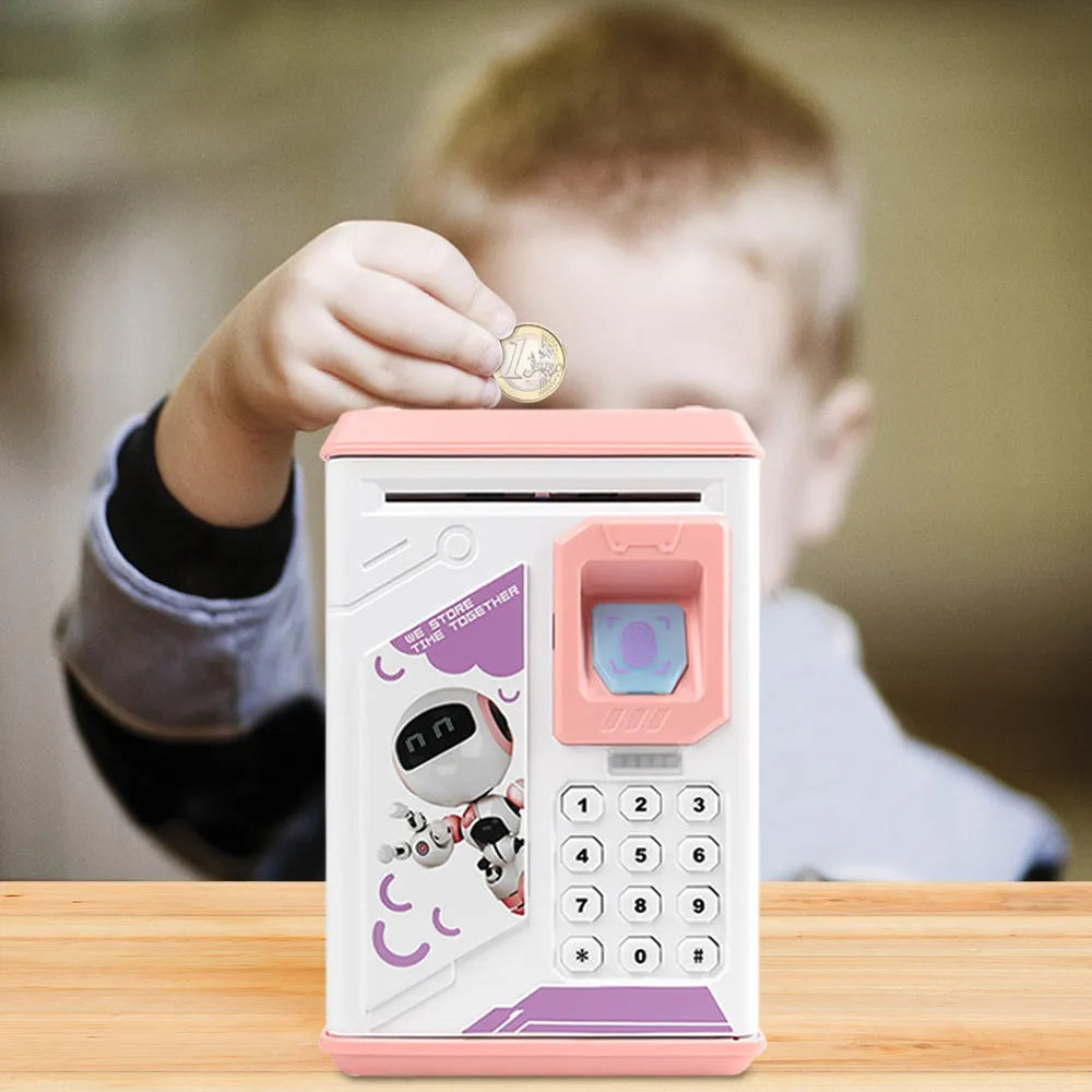 Electronic piggy bank in blue with fingerprint sensor and number keypad, 13 cm wide