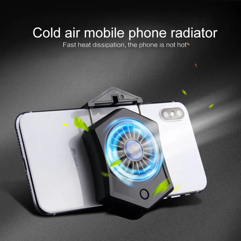 Black mobile phone radiator cooling fan clipped onto smartphone showing USB connection