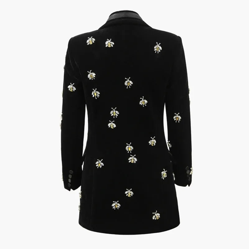 Black velvet blazer with cashmere main fabric, animal pattern, suit collar, long sleeves and slim OL commute fit.