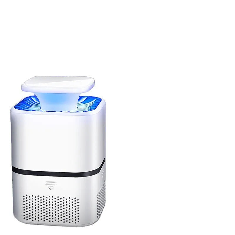 Photocatalyst mosquito killer in white or black with USB cable, blue light attraction and physical trapping, over 150 square metres coverage.