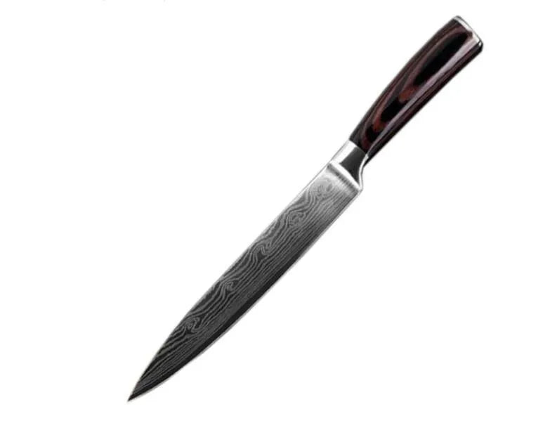 7Cr17 stainless steel chef knife with 18cm blade, laser Damascus pattern, and coloured wood handle