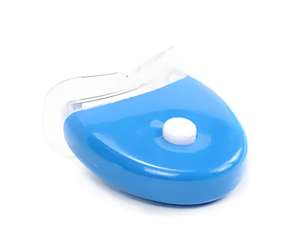 LED teeth whitening kit with button switch and denture tray in blue