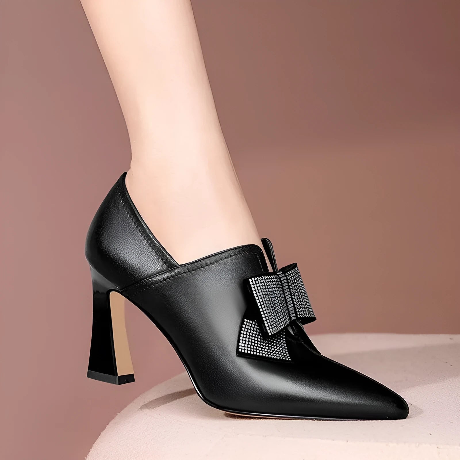 Women's rhinestone bow chunky heel party boots in black PU leather, pointed toe, side view