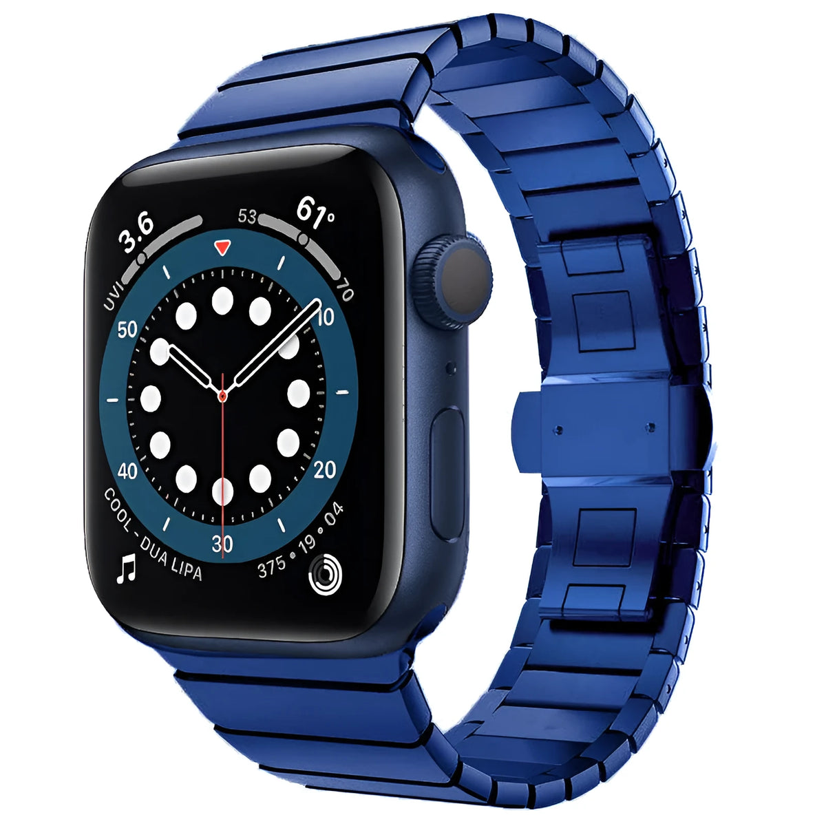 Silver metal Apple Watch strap with butterfly buckle on a 40mm watch case.