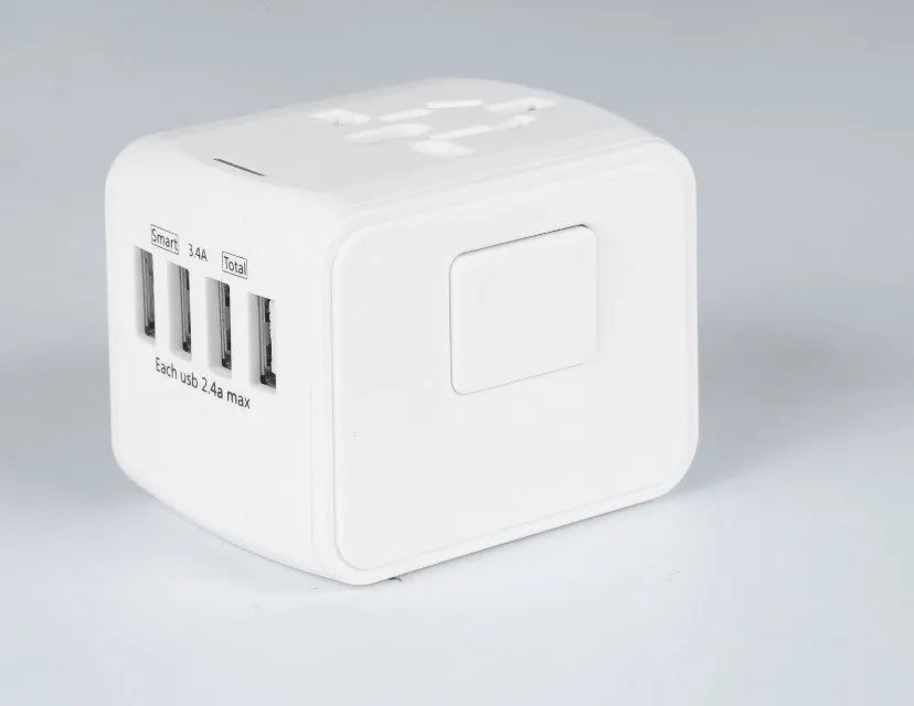 Multi-function universal travel adaptor socket with USB charging, PC shell, compact design, black colour