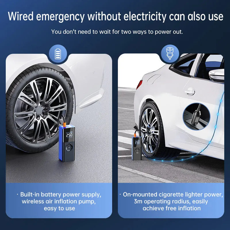 Blue wireless portable car tyre inflator with digital display and LED light on dark background