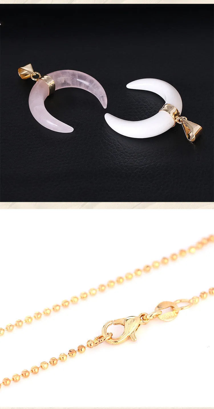 Natural crystal semi-precious stone moon pendant necklace with electroplated copper fittings and 45cm chain