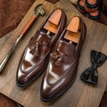 Men's black business casual tassel leather shoes with cowhide upper and low-top silhouette