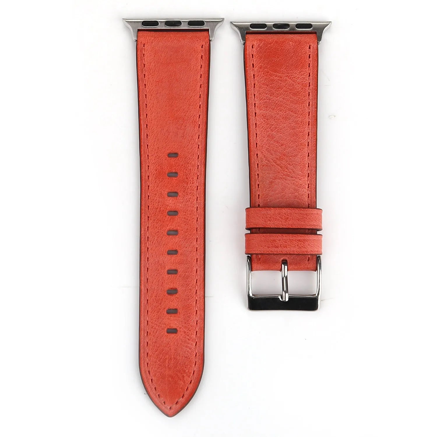 Leather watch strap with a folding buckle shown in multiple colour options.