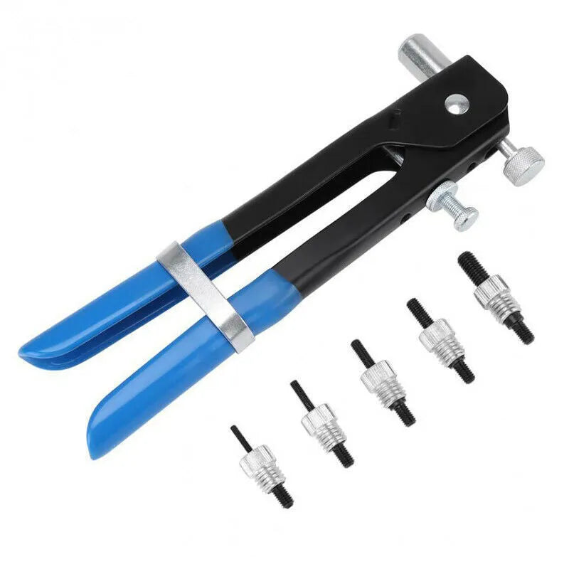 Alloy steel manual riveter nut gun set showing tool handle and selection of mandrels.