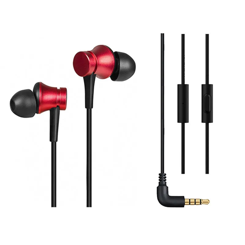 Piston style in-ear wired headphones with 3.5mm plug in black, blue, and red colour options.