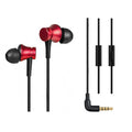 Piston style in-ear wired headphones with 3.5mm plug in black, blue, and red colour options.