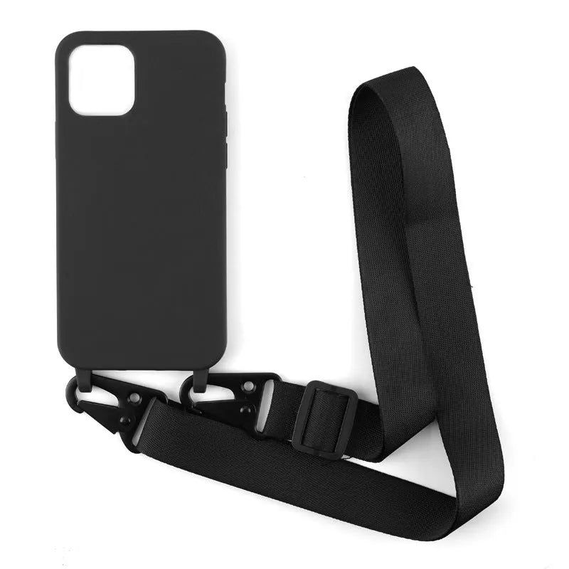 Buckle ribbon lanyard phone case in black TPU with detachable strap for Samsung Galaxy