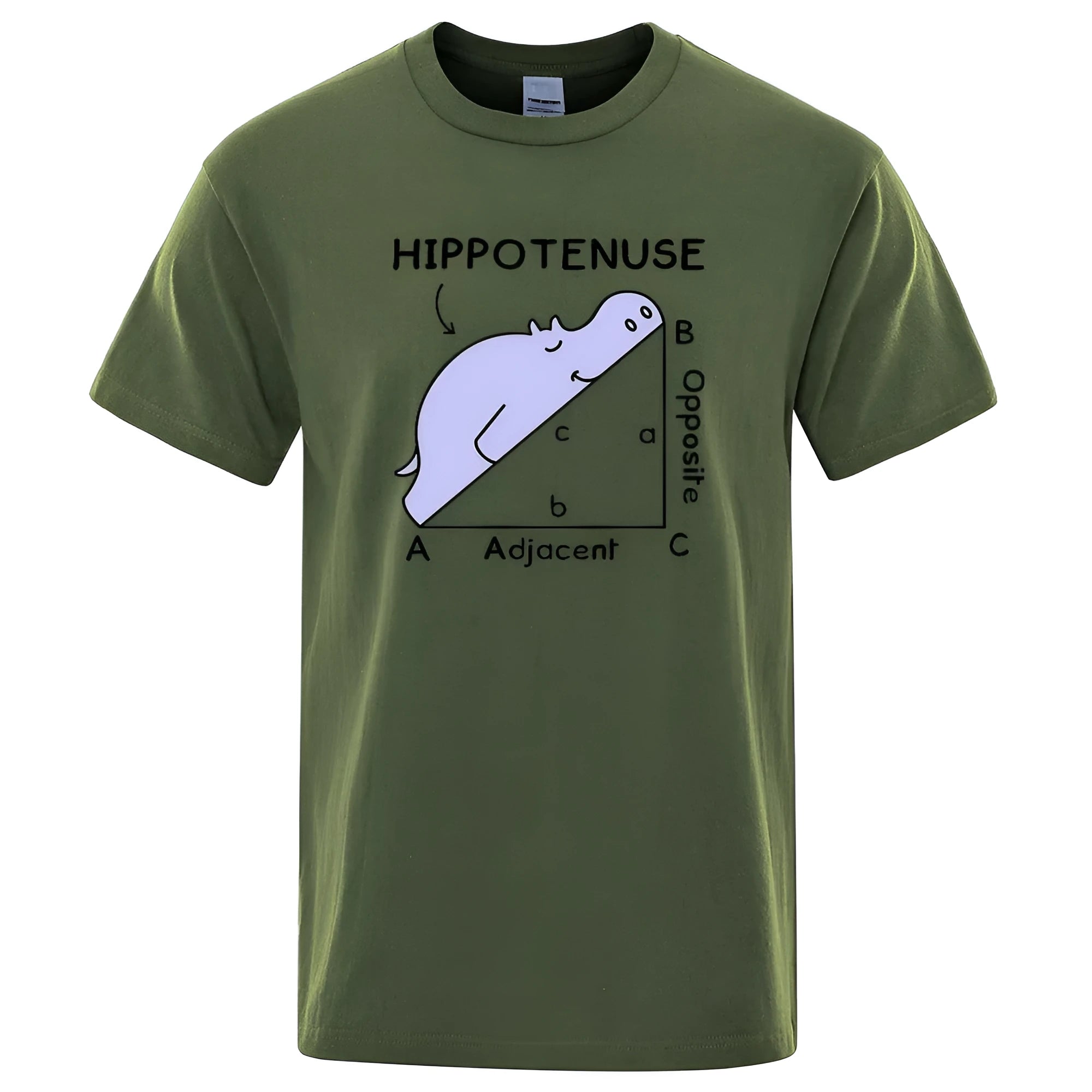 A loose fit cotton t-shirt with a white 'Hippotenuse Opposite Adjacent' humorous print, shown in Army Green.