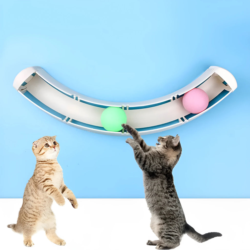 White plastic curved cat track toy, 34cm, fixed to a smooth surface with two small balls in the channel