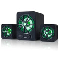 Green 2.1 USB computer speaker with colourful LED lights, showing USB and audio jack ports on a desktop.