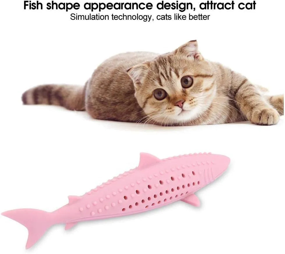 Green silicone fish-shaped chew toy for cats on a white background.