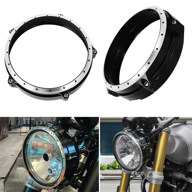 Black CNC aluminium headlight protective frame for BMW R Nine T Scrambler motorcycle.