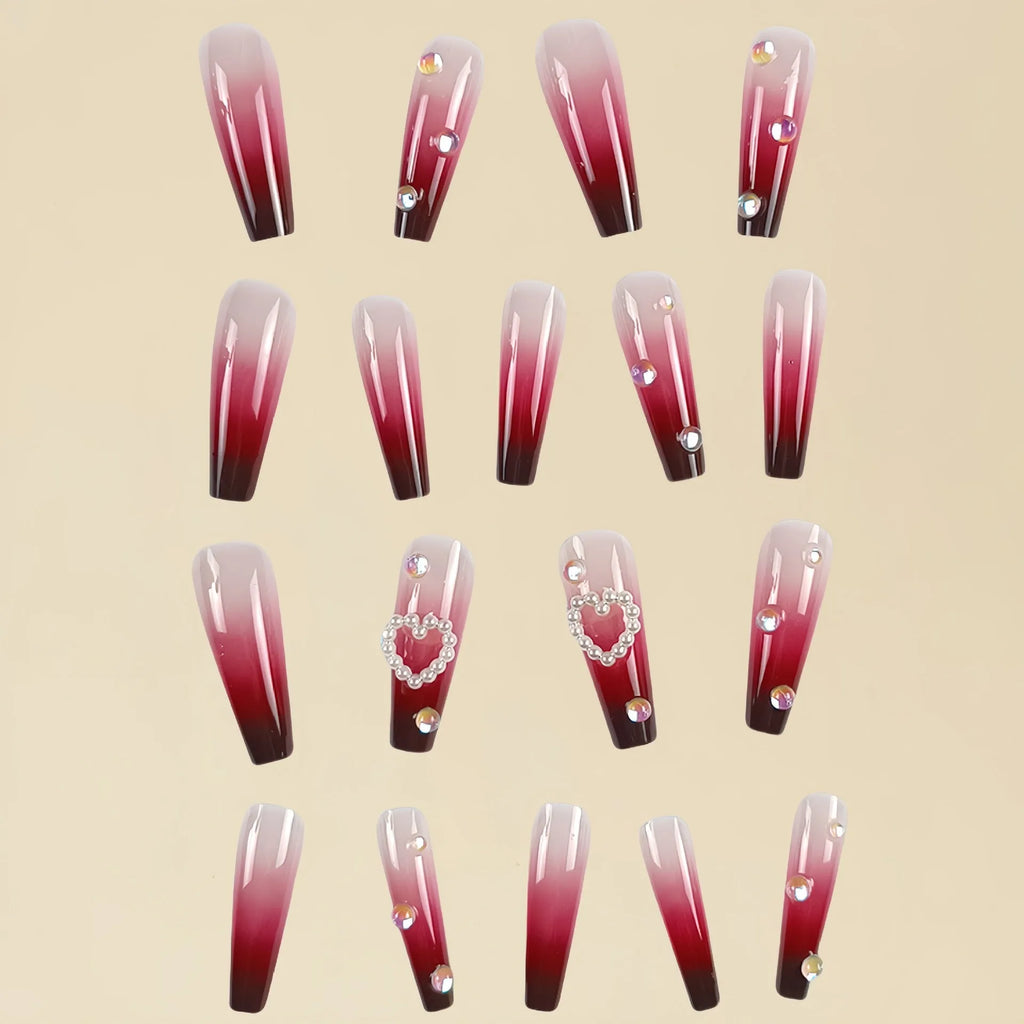 Wine red plaid false nail tips with pearl heart gradient, includes jelly glue and rubbing clause