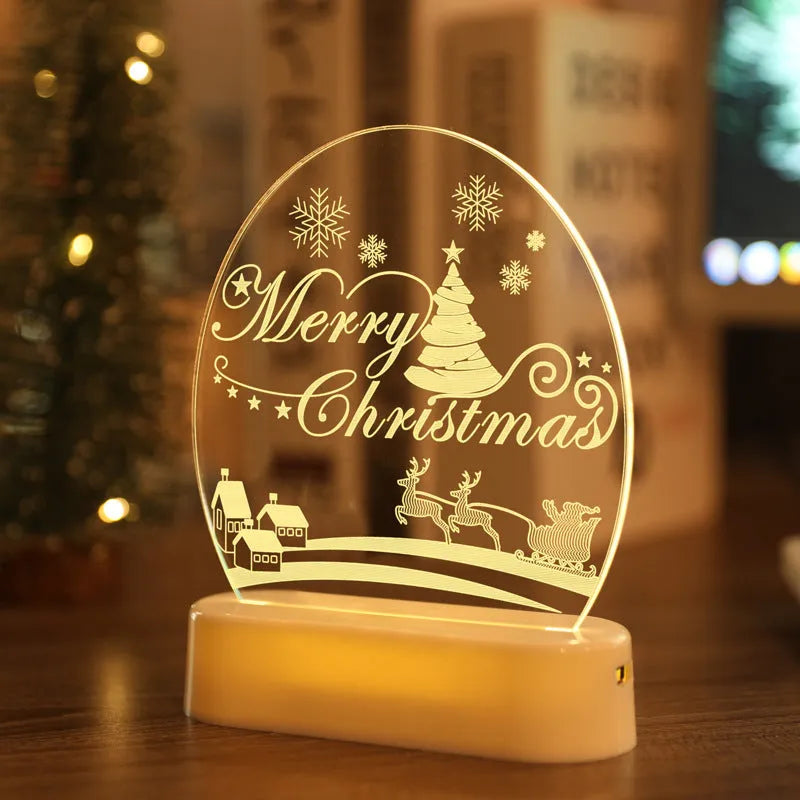 Warm white LED Christmas decoration light with 3D Santa Claus and tree design, battery or USB powered, 17.2cm x 13cm.