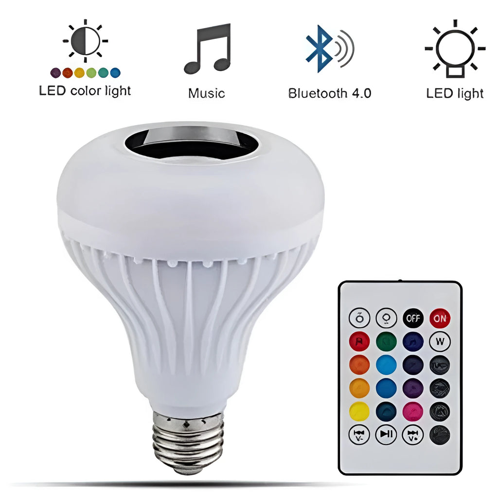 White Bluetooth LED smart bulb with E27 screw base showing colour-changing lighting effects