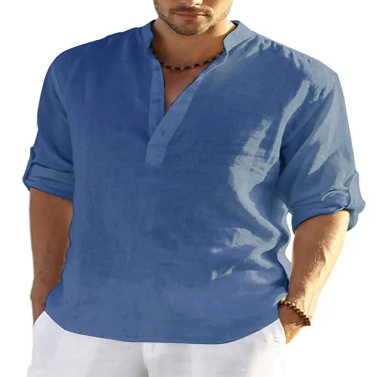 Men's solid colour long sleeve shirt with a stand collar, made from cotton and linen blend fabric