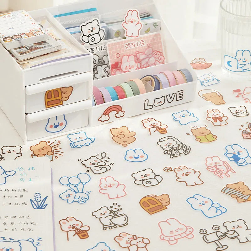 Morning Foam PET sticker pack with 40 pieces featuring bear and rabbit designs on white backing sheet