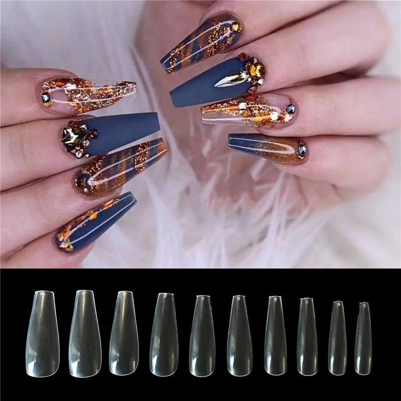 500 transparent natural ballet false nails in ABS material with 10 sizes on a light background