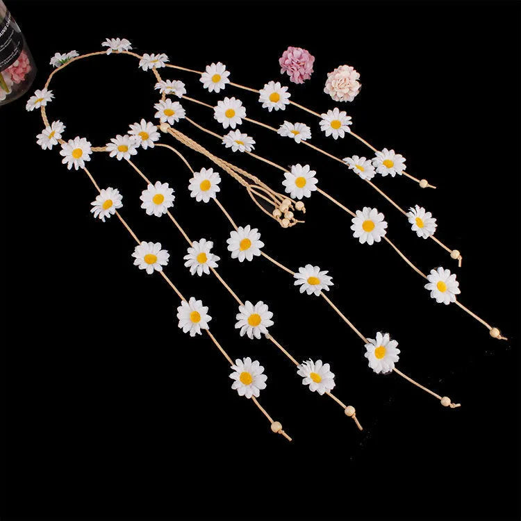 Handmade sunflower headband garland with Korean velvet, wooden beads, and plaid pattern in yellow, white, beige, or pink.