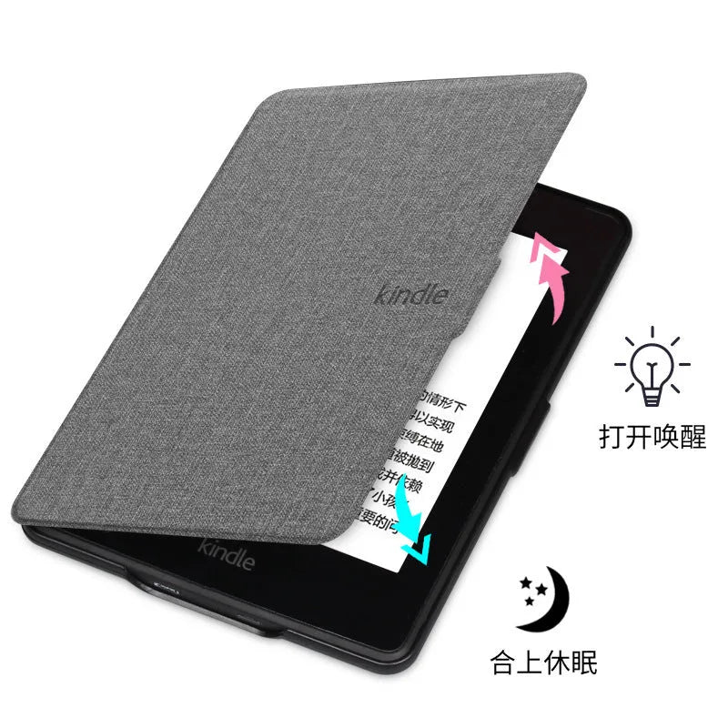 Linen-textured hard case for Kindle e-reader with magnetic closure, shown in purple colour.