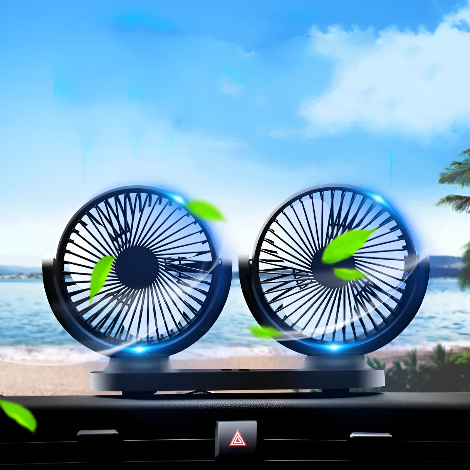 Black dual-head USB car fan with switches, 1.4m cable, ABS housing, 124x12x75mm