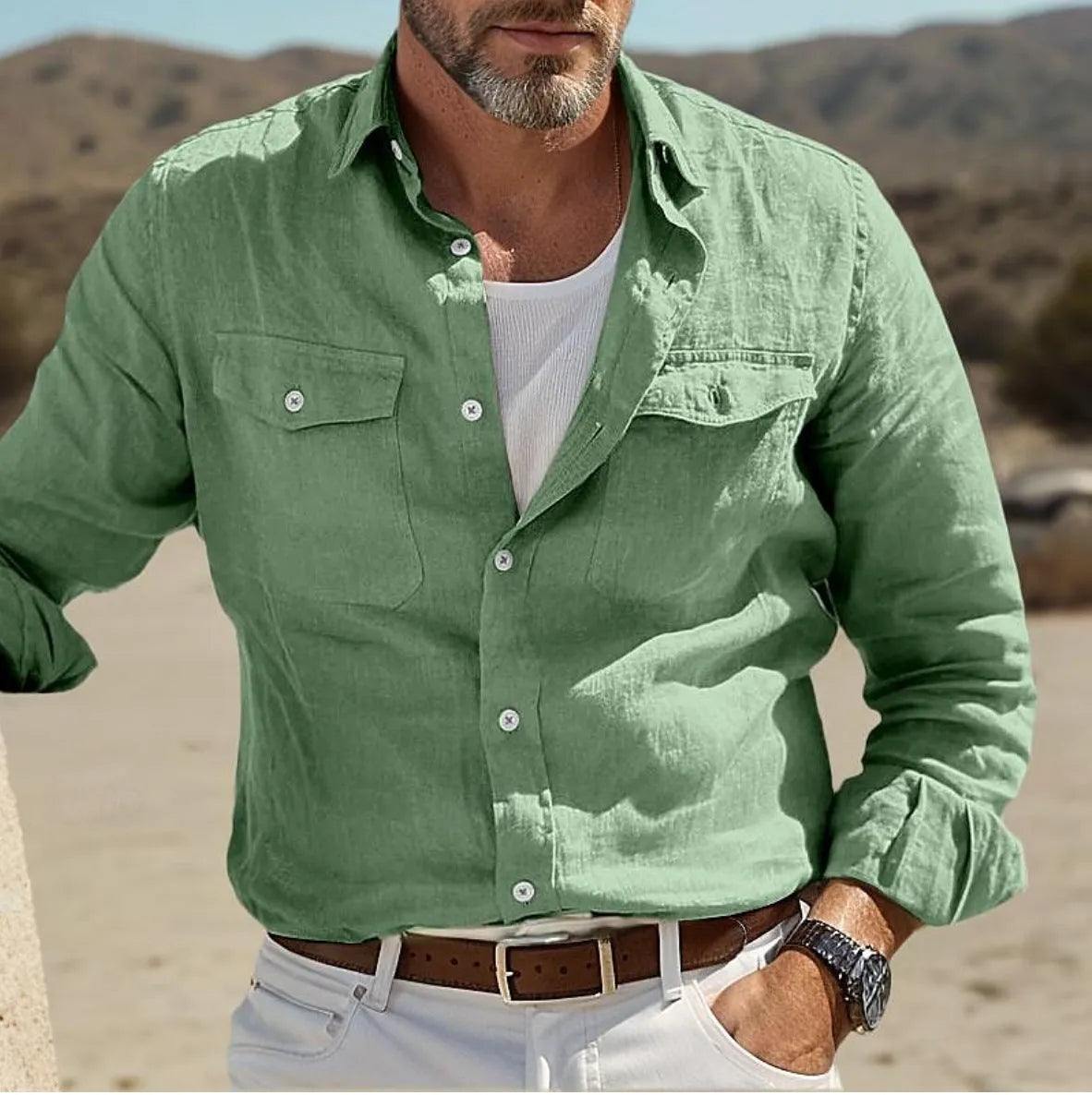 Men's loose-fit long sleeve cotton linen summer shirt in green colour displayed flat