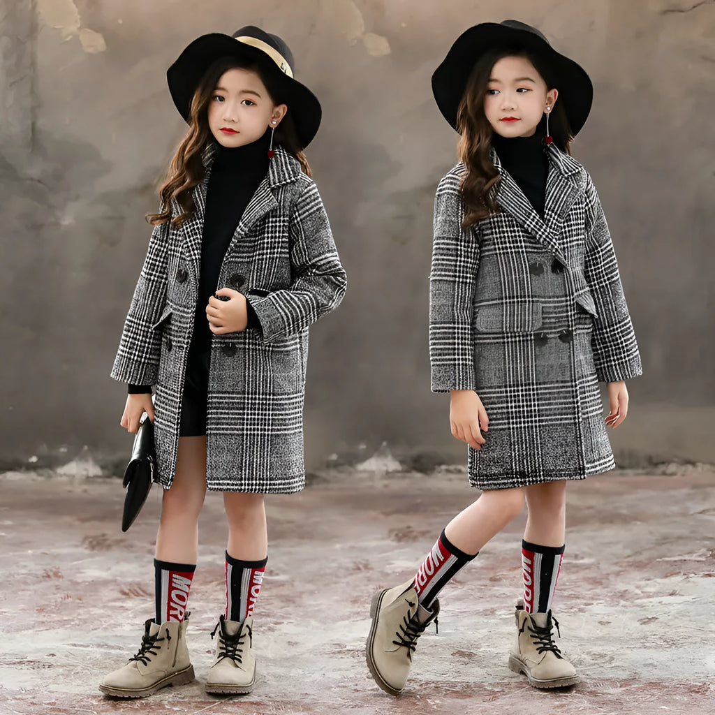 Girls grey houndstooth plaid winter coat with suit collar and long sleeves