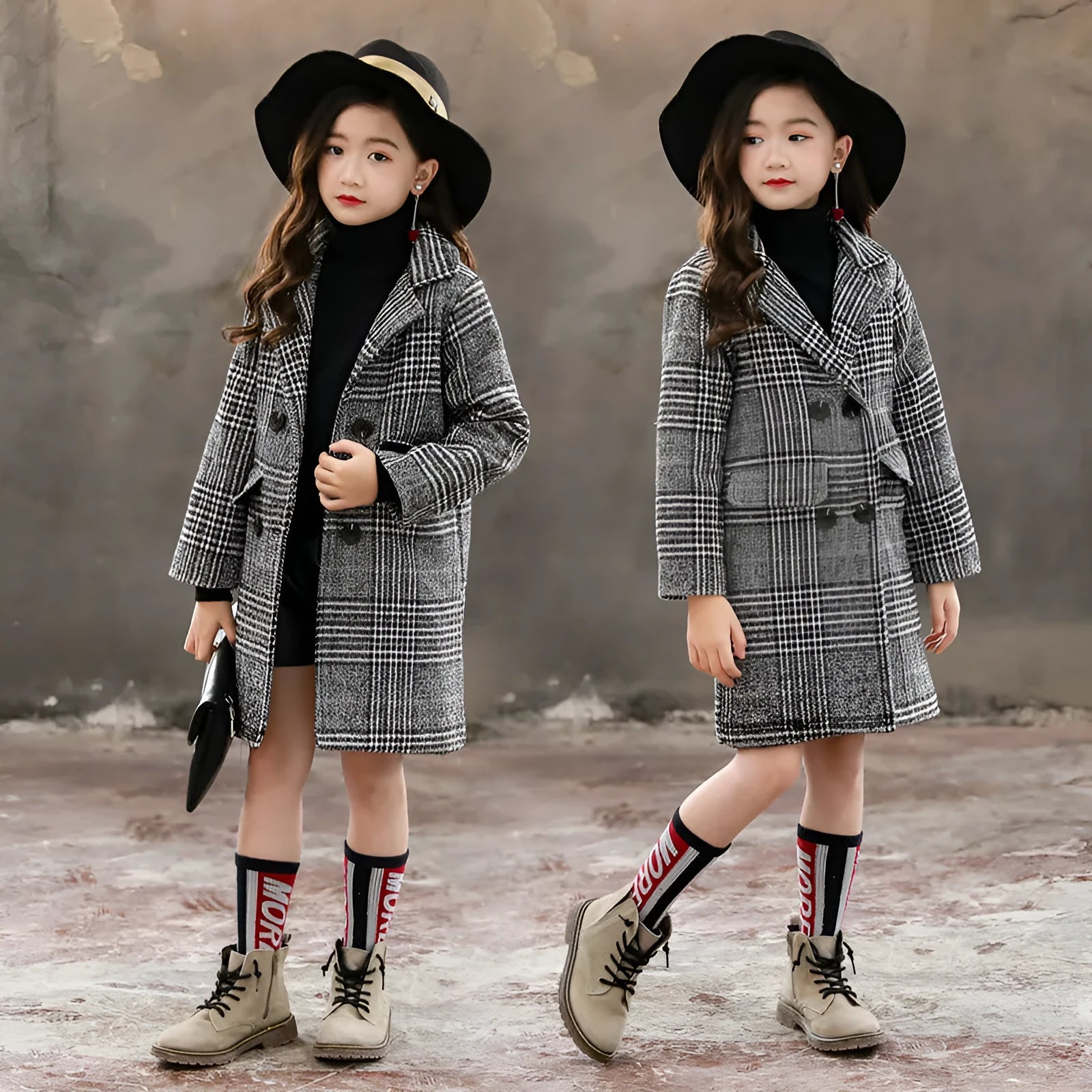 Girls grey houndstooth plaid winter coat with suit collar and long sleeves