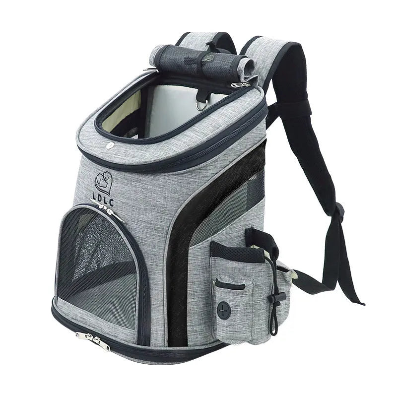 Breathable pet backpack in gray, showing mesh ventilation panels and zippered entry, for cats and dogs up to 20 kg