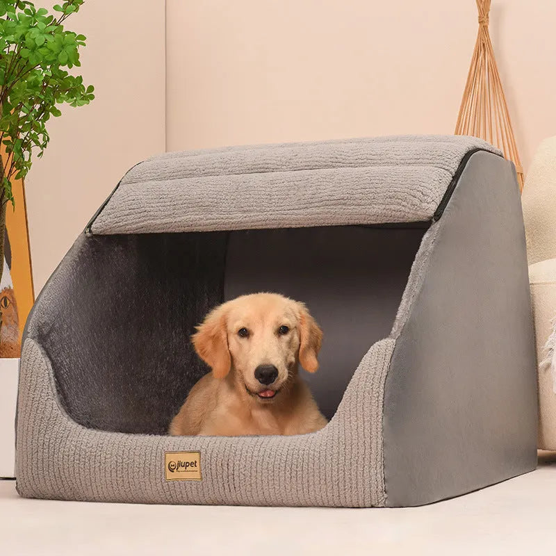 Warm medium large dog bed for Golden Retriever with removable washable cover in Classic Gray