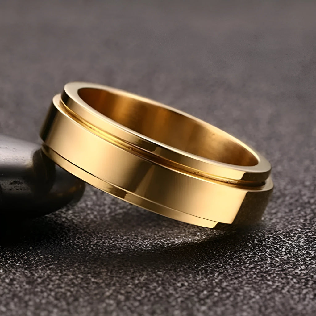 Rotatable geometric stainless steel ring in gold colour, unisex Korean style