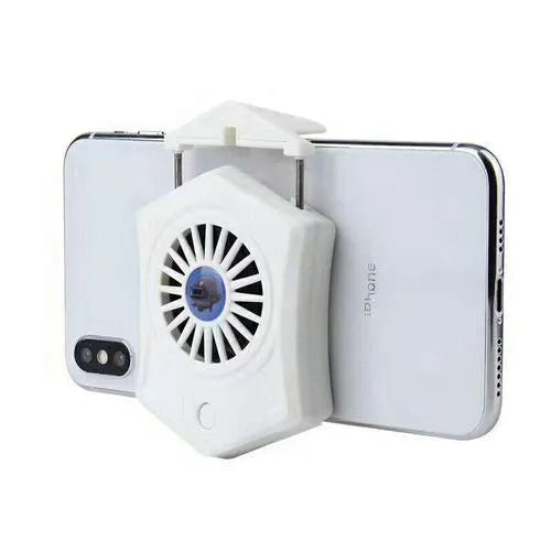 Black mobile phone radiator cooling fan clipped onto smartphone showing USB connection