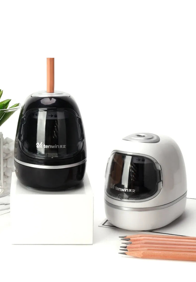 Creative electric pencil sharpener three-speed geometric plastic body black colour on desk