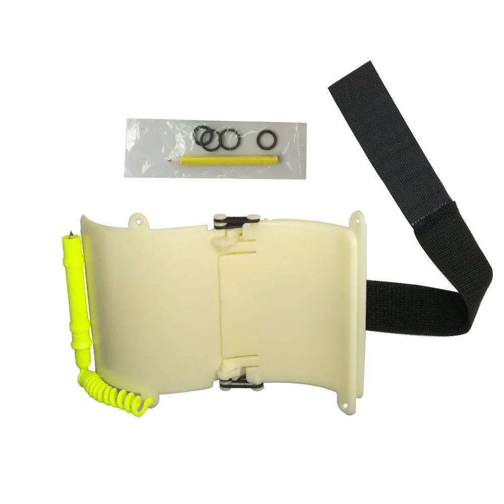 White luminous underwater writing slate wristboard for scuba diving with pencil and spare O-ring