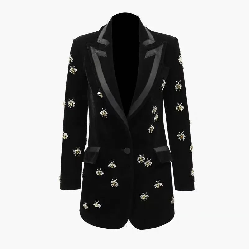 Black velvet blazer with cashmere main fabric, animal pattern, suit collar, long sleeves and slim OL commute fit.