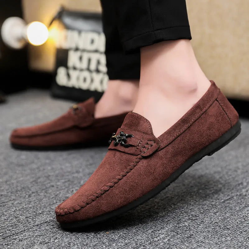 Men's waterproof slip-on loafers in black and brown with artificial PU leather uppers and rubber soles