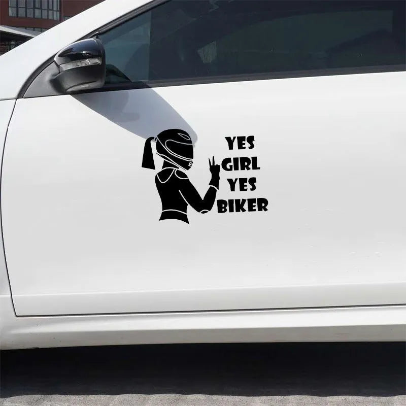 Cool girl rider character design on a black, white, and laser coloured car waterproof sticker measuring 16cm by 15cm.